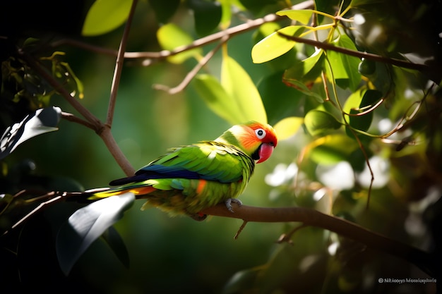 형형색색의 새가 햇빛 아래 나뭇가지에 앉아 있다