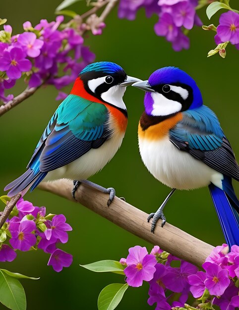 다채로운 새는 생성된 나무 인공 지능의 나뭇가지에 앉아 있습니다.