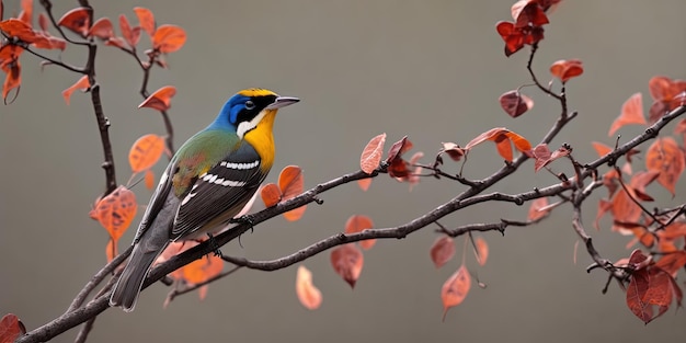 A colorful bird sits on a branch in a tree with red leaves.