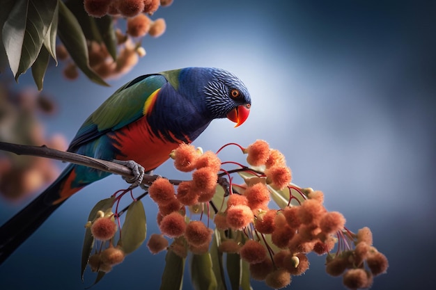 A colorful bird sits on a branch with a blue background.