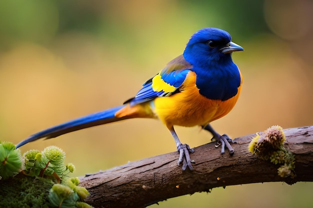 A colorful bird sits on a branch with a blurred background.