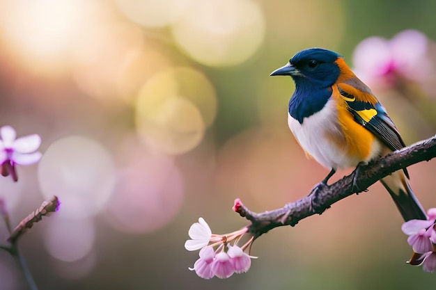 A colorful bird sits on a branch with a blurred background.