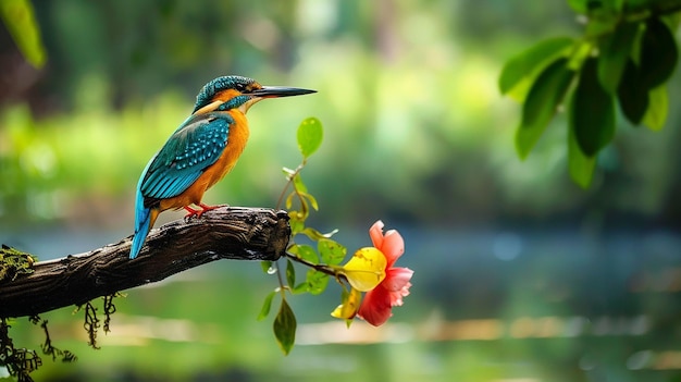 a colorful bird sits on a branch with a flower in the background