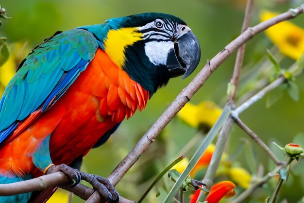 A colorful bird sits on a branch with flowers in the background