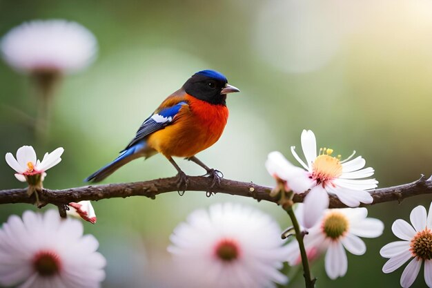 A colorful bird sits on a branch with flowers in the background