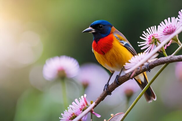 A colorful bird sits on a branch with flowers in the background