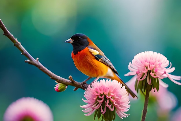 A colorful bird sits on a branch with flowers in the background