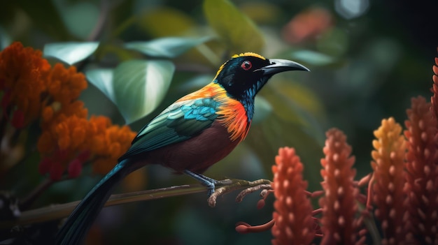 A colorful bird sits on a branch with flowers in the background.