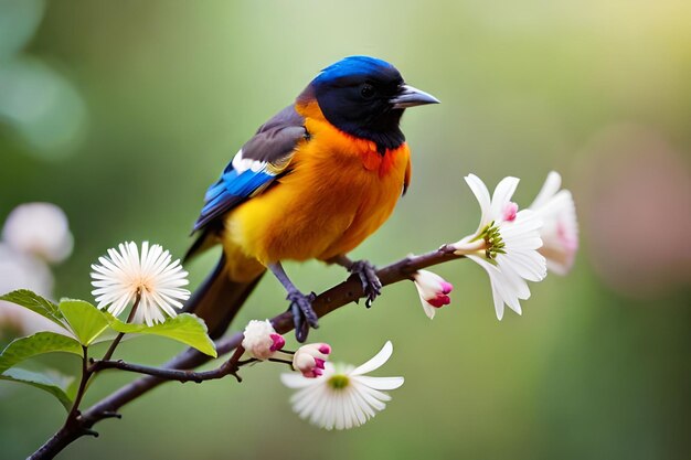 色とりどりの鳥が枝の上に座り背景には花がいています