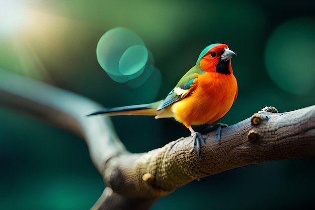 Красочная птица сидит на ветке с зеленым фоном.
