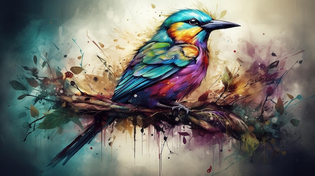 A colorful bird sits on a branch with paint splatters.