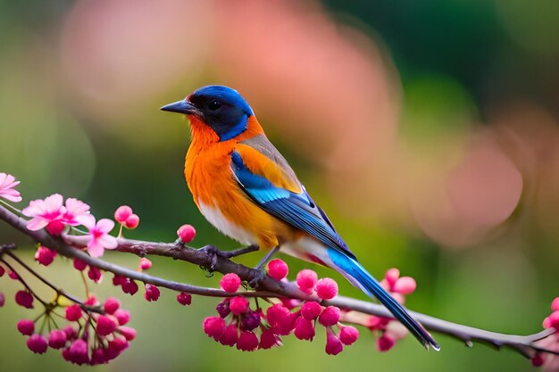 a colorful bird sits on a branch with pink berries.