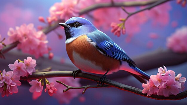 a colorful bird sits on a branch with pink flowers