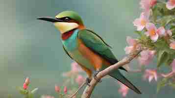 Photo a colorful bird sits on a branch with pink flowers