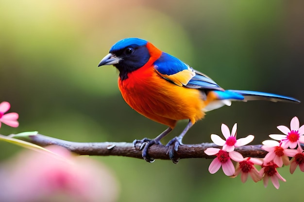 A colorful bird sits on a branch with pink flowers.