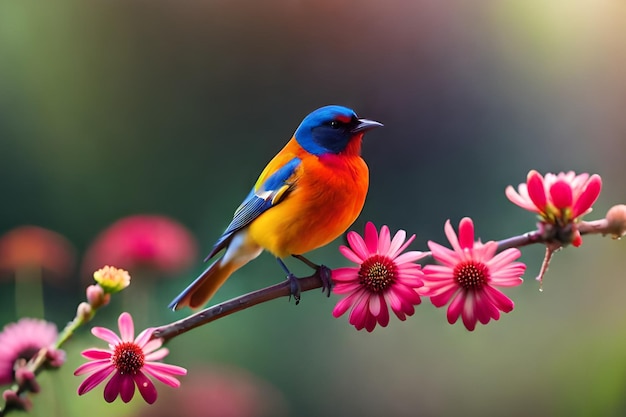 A colorful bird sits on a branch with pink flowers.