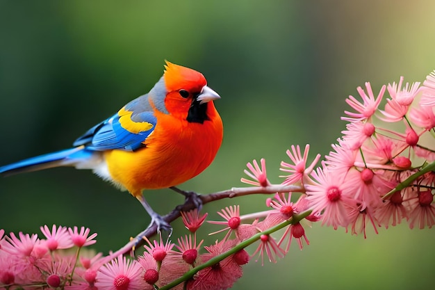 A colorful bird sits on a branch with pink flowers.