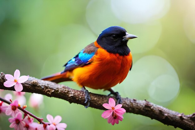 A colorful bird sits on a branch with pink flowers
