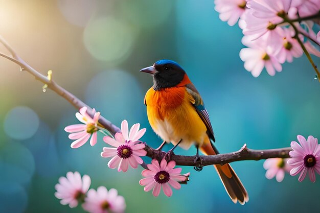 A colorful bird sits on a branch with pink flowers