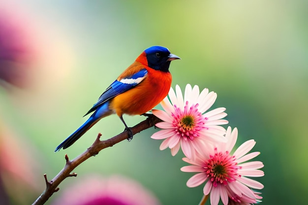 A colorful bird sits on a branch with pink flowers.