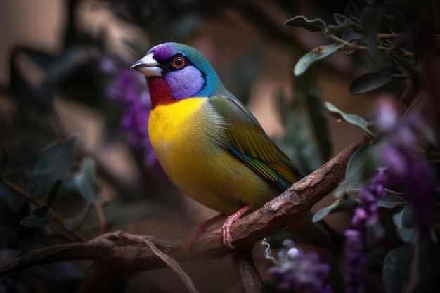 A colorful bird sits on a branch with purple flowers