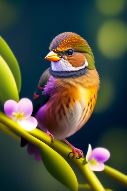 A colorful bird sits on a branch with purple flowers.