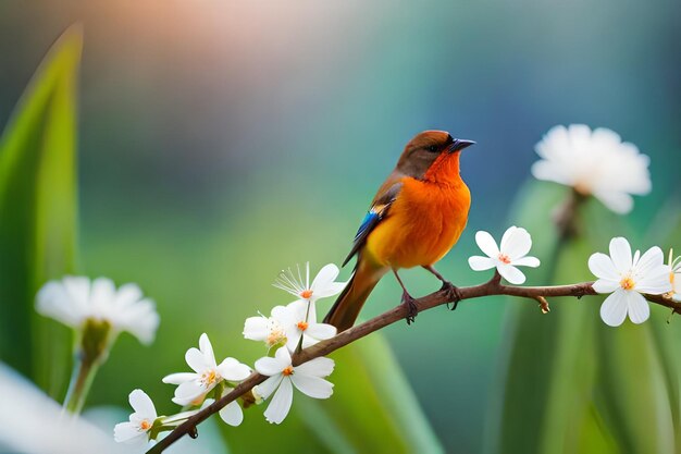 A colorful bird sits on a branch with white flowers in the background