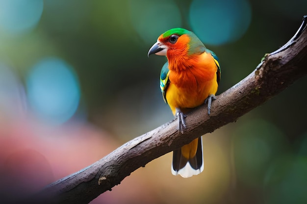 A colorful bird sits on a branch.