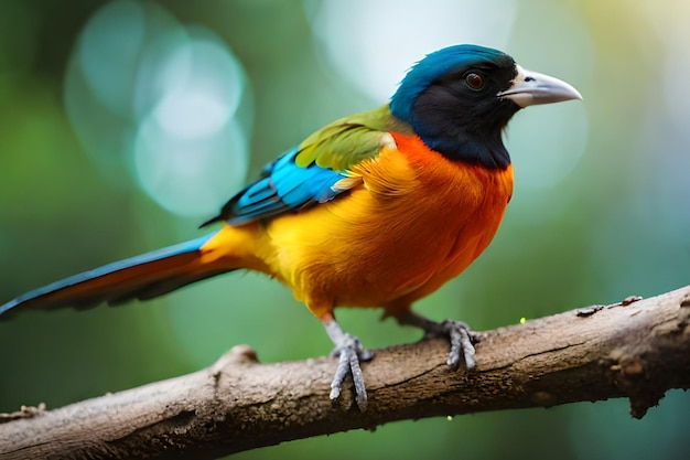 A colorful bird sits on a branch.