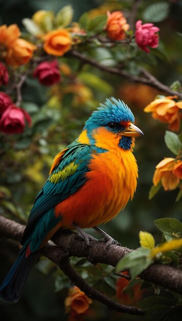 A colorful bird sits on a branch