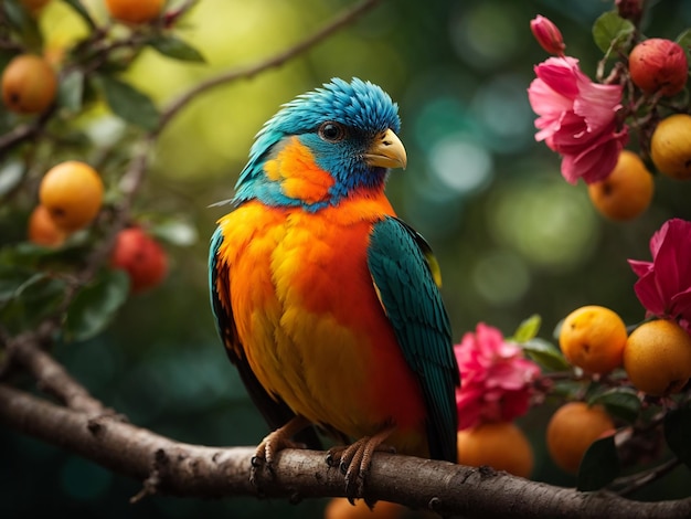 A colorful bird sits on a branch