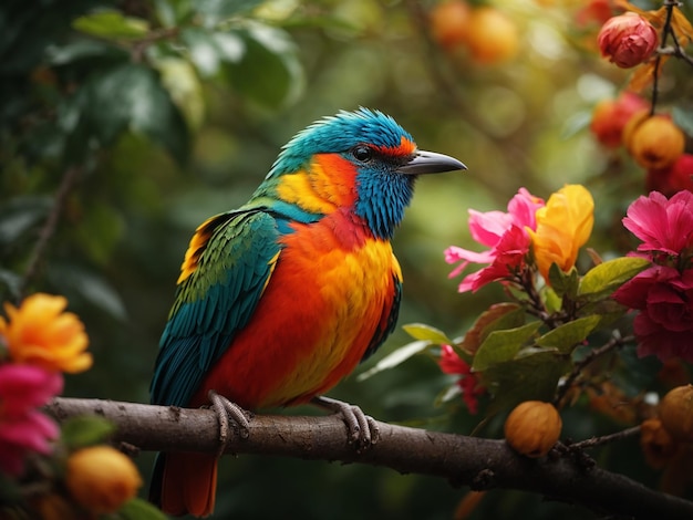 カラフルな鳥が枝に止まっています