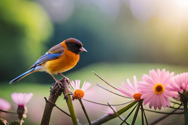 a colorful bird sits on a flower with the sun behind it.