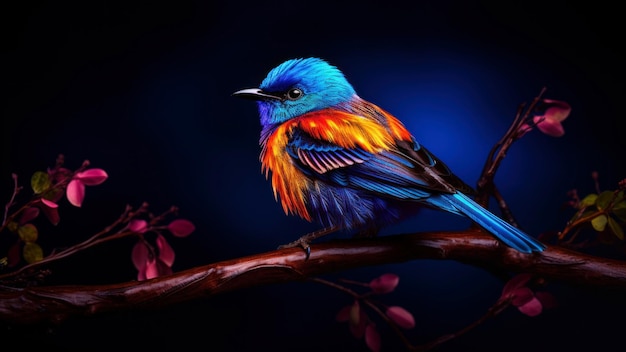 colorful bird sitting on a branch of a tree in the night