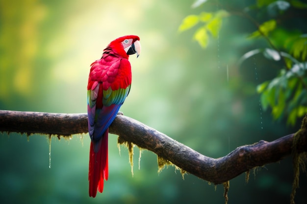 Colorful bird sitting on branch in tree with blurry background Generative AI