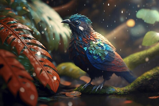 Colorful bird sitting on branch in tropical rainy forest