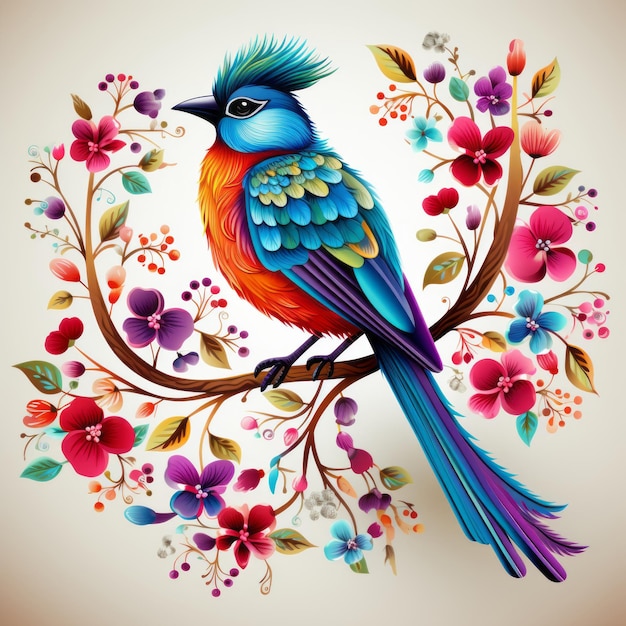 colorful bird sitting on a branch with flowers