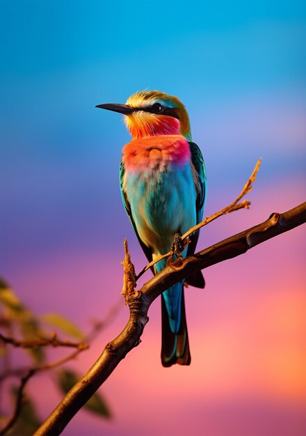 Photo colorful bird sitting on branch with sky generative ai