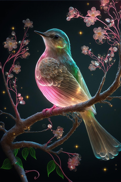 Красочная птица сидит на вершине ветки дерева, генеративный искусственный интеллект