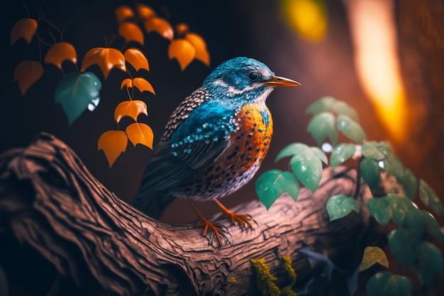 Colorful bird sitting on top of tree branch next to plant Generative AI