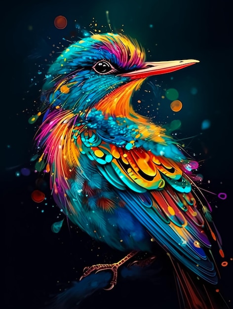 A colorful bird with a black background and a blue background.