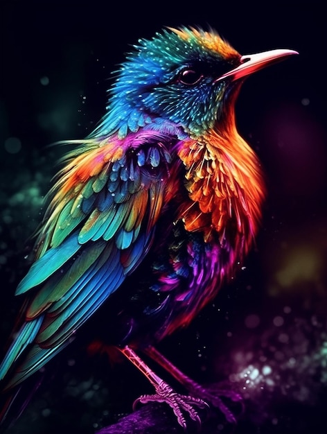 A colorful bird with a black background and a purple background.