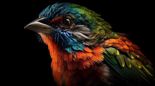 A colorful bird with a black background