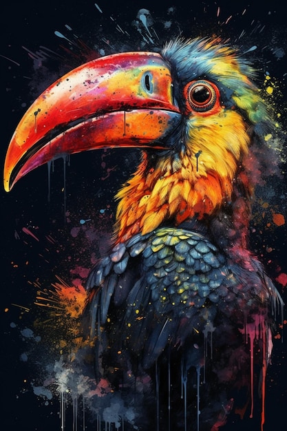 A colorful bird with a black background