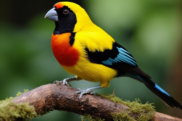 A colorful bird with a black beak and a blue and yellow wing