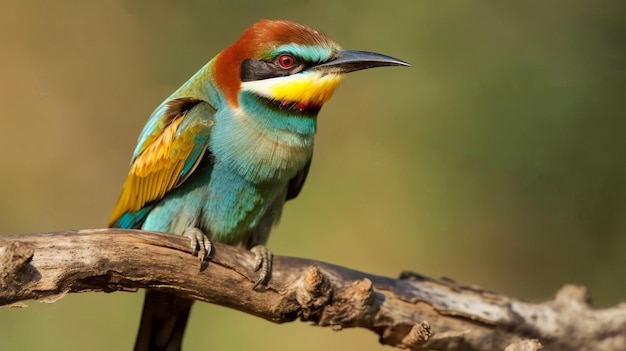 A colorful bird with a black beak sits on a branch.