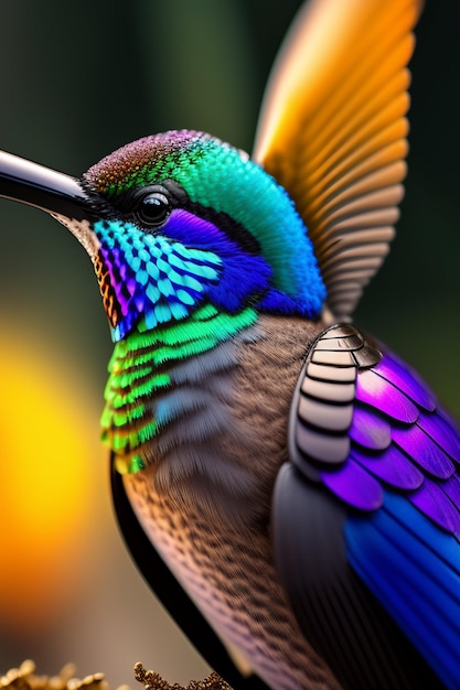 A colorful bird with a black and green head and purple wings