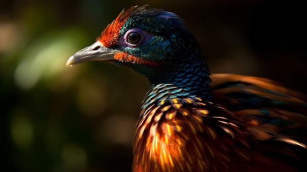 A colorful bird with a black head and orange feathers.