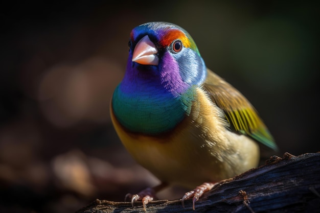 A colorful bird with a black head and purple head and purple feathers.