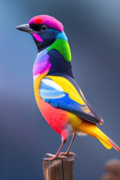 A colorful bird with a black head and red blue and yellow feathers isolated